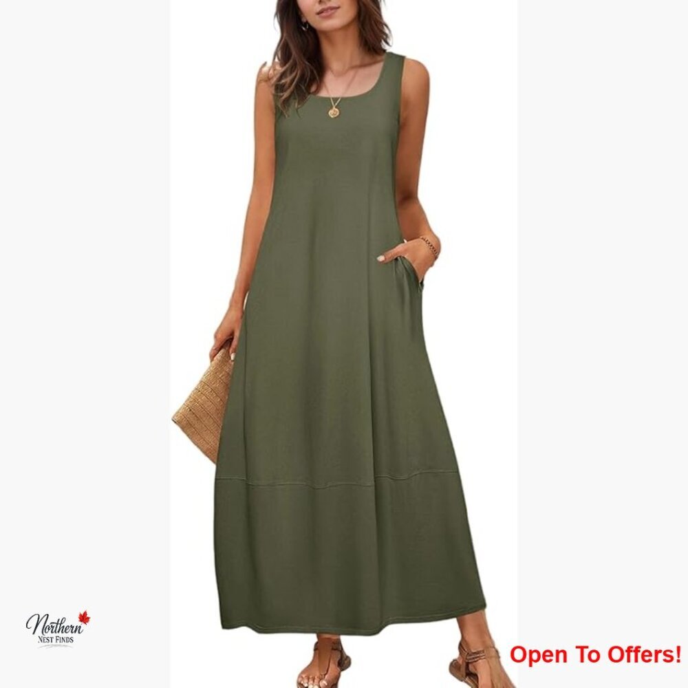 Polyester Spandex Casual Midi Dress Scoop Neck Sleeveless with Pockets
